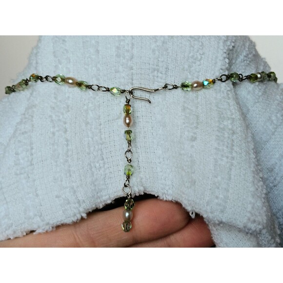 Artisan Sterling Silver Heart Pendant Green AB Glass & Pearl Necklace 16-18 in - Picture 6 of 15